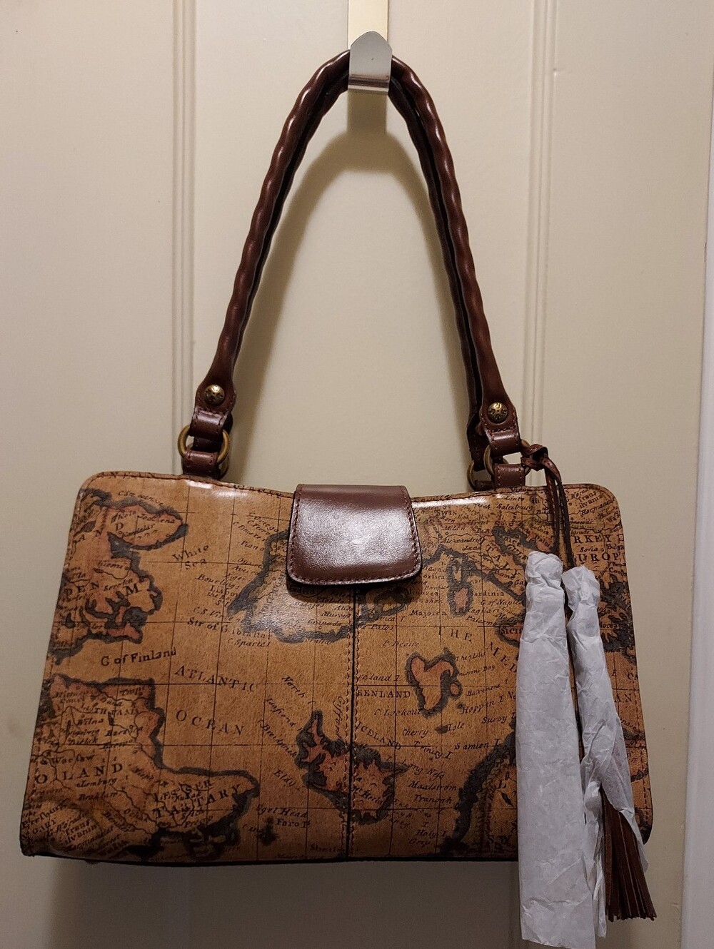 Patricia Nash Rienzo Euo Map Shoulder Leather Bag with Tassel.
